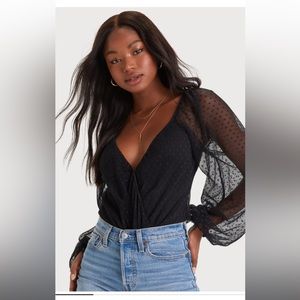 Doting Behavior Black Pleated Swiss Dot Surplice Bodysuit